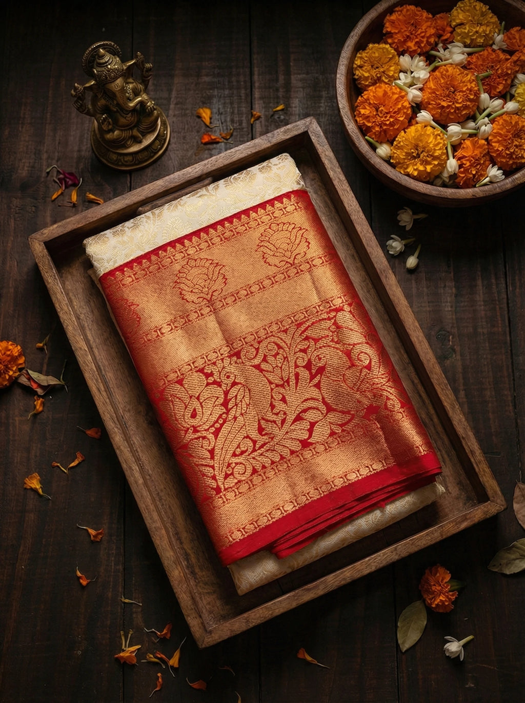 Cream & Red Floral Jaal Bridal Semi Silk Saree