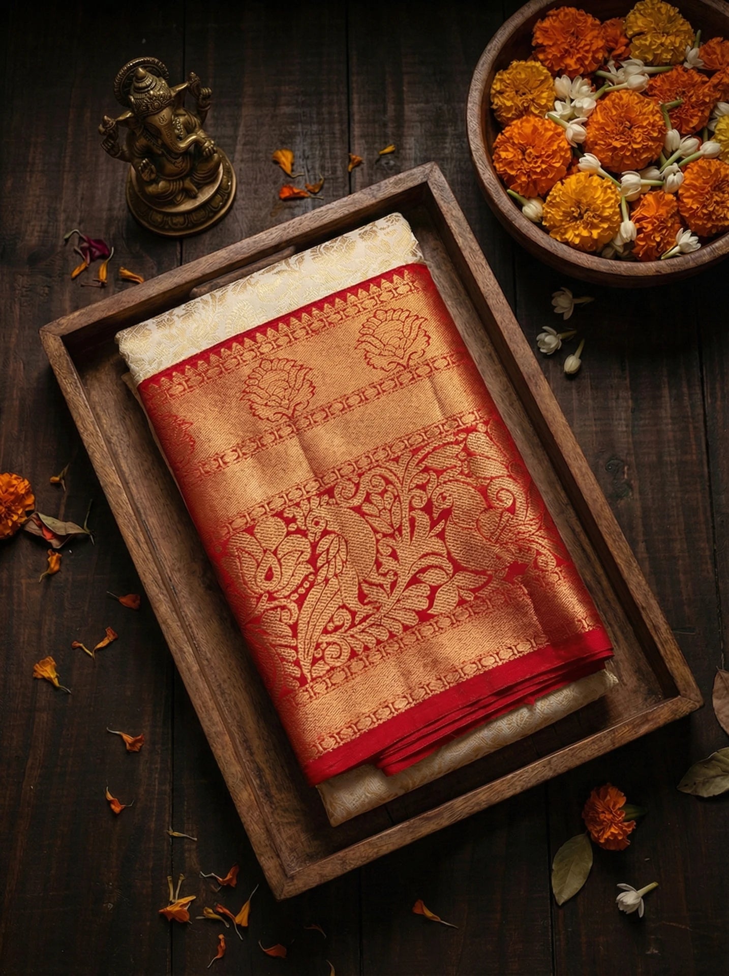 Cream & Red Floral Jaal Bridal Semi Silk Saree