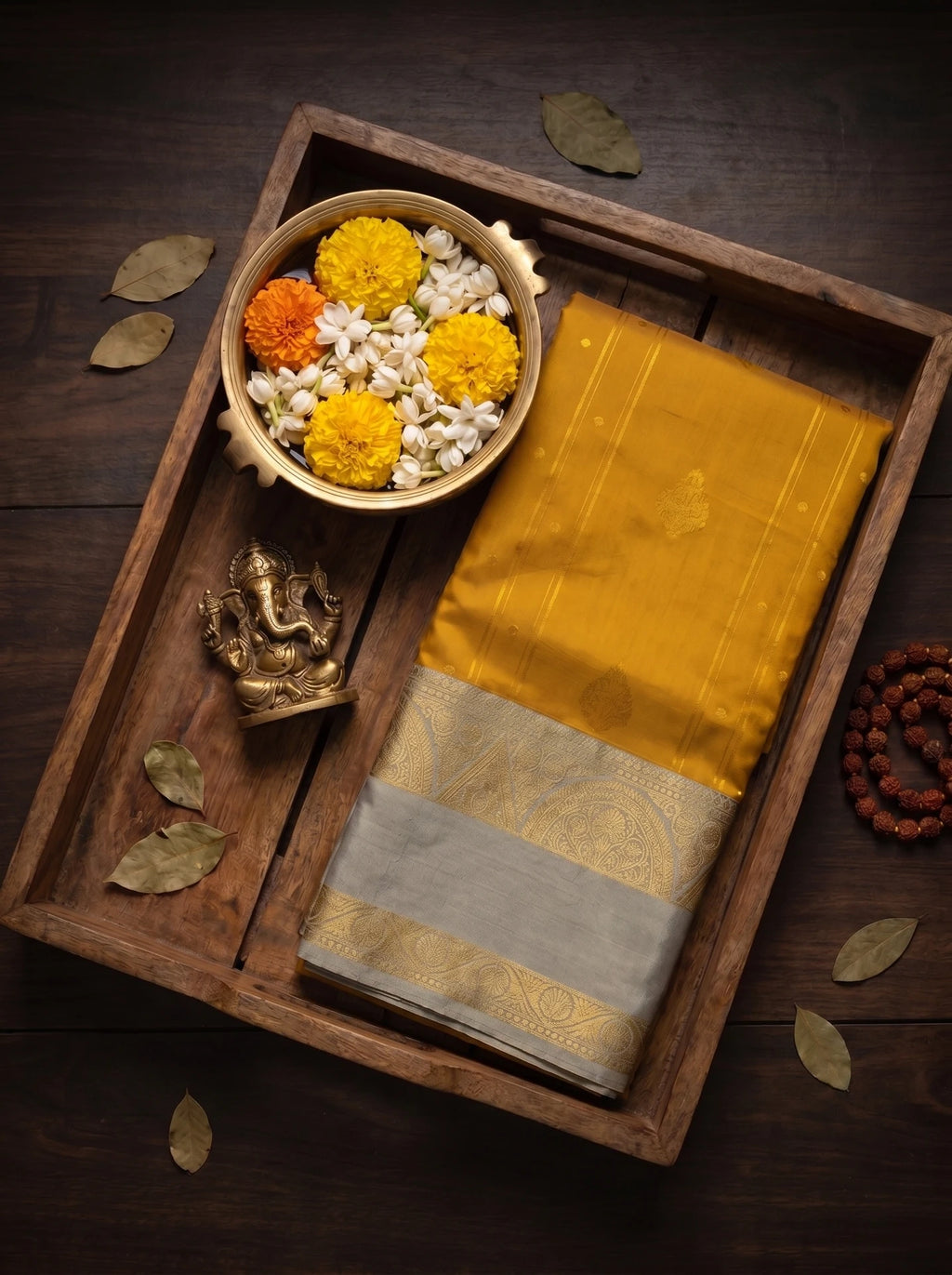 Mustard Yellow & Grey Kanchi Soft  Silk Saree