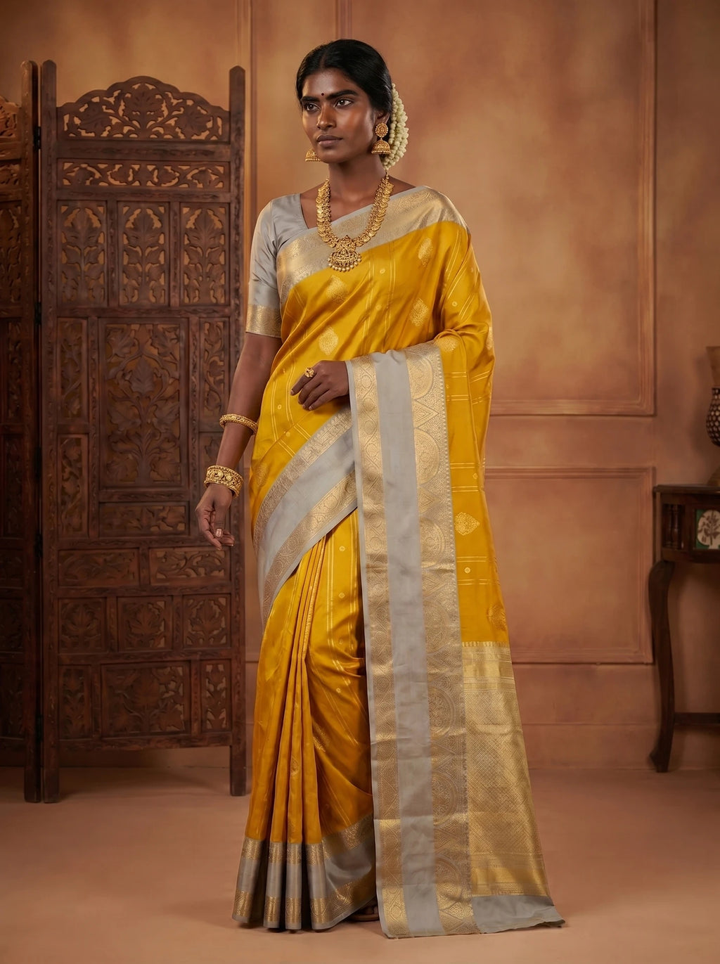 Mustard Yellow & Grey Kanchi Soft  Silk Saree