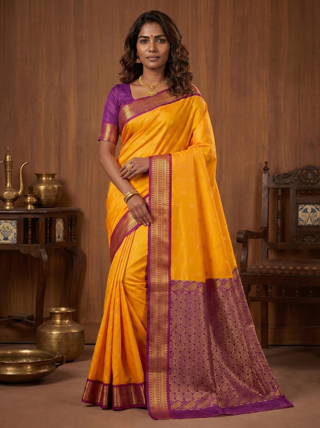 Marigold Yellow & Violet Floral Butta Kanchi Soft Silk Saree